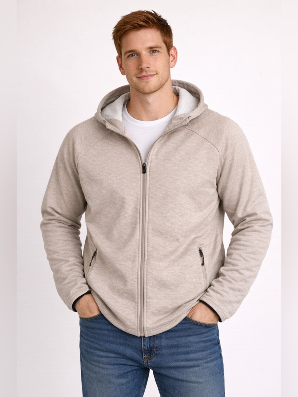 Mens FLX fleece lined full zip oatmeal hoodie XL